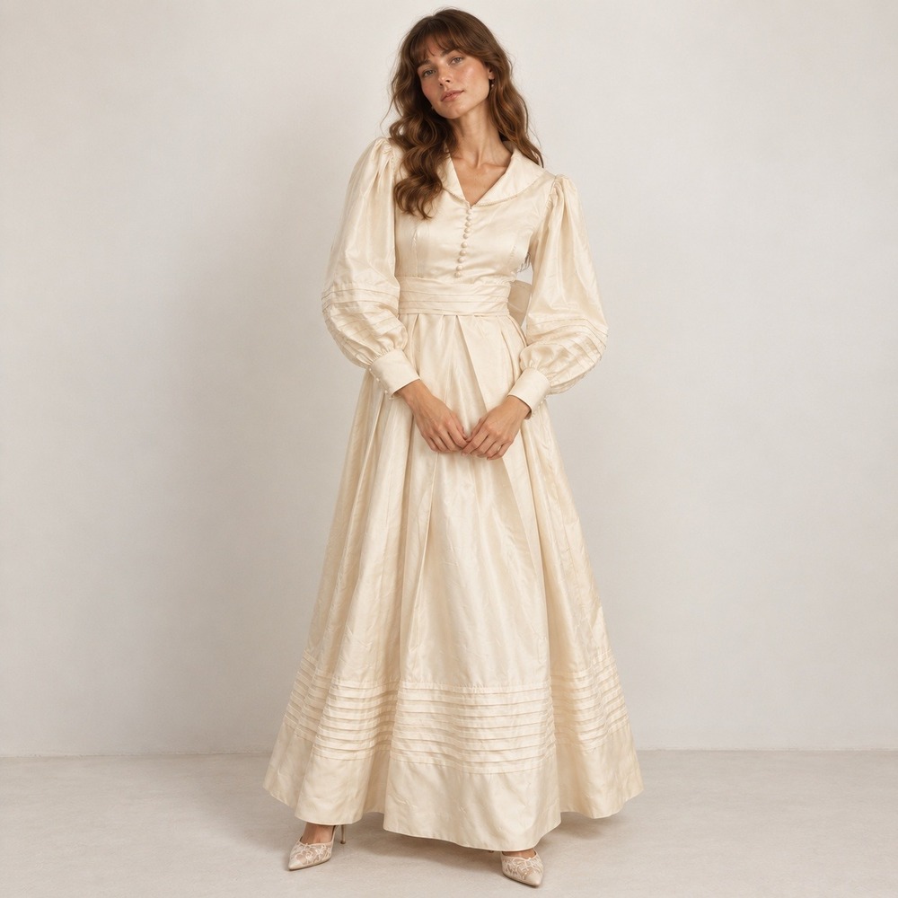 Vintage 70s Wedding Dress Women XS Cream Long Bishop Sleeve Gown Victorian